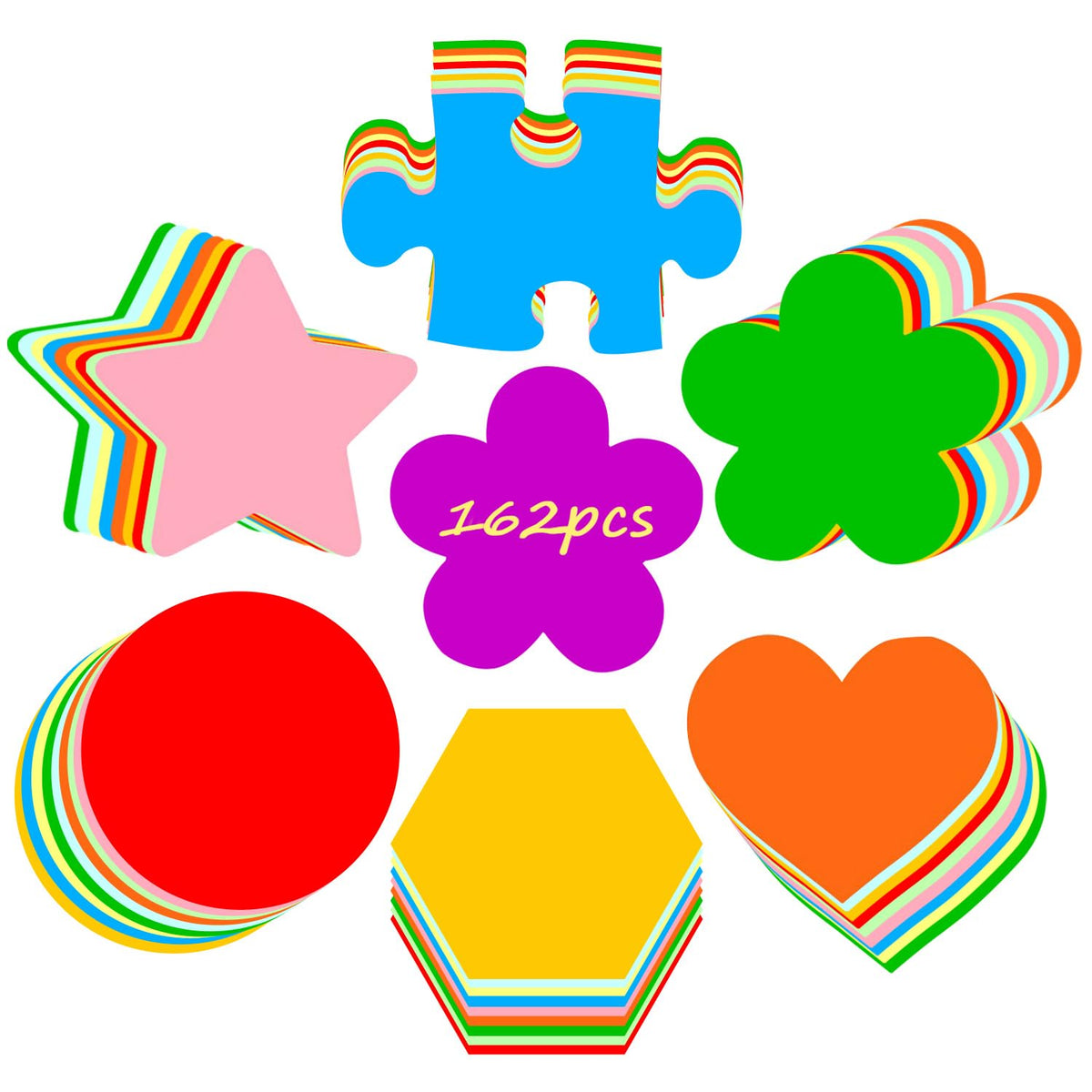 162 Pcs 6 Inch Large Shaped Paper Cutouts for Bulletin Board Round Heart Star Flower Paper Cutouts Multi-Shapes Blank Creative Classroom Paper Cutouts for DIY Projects Craft School Party Decor