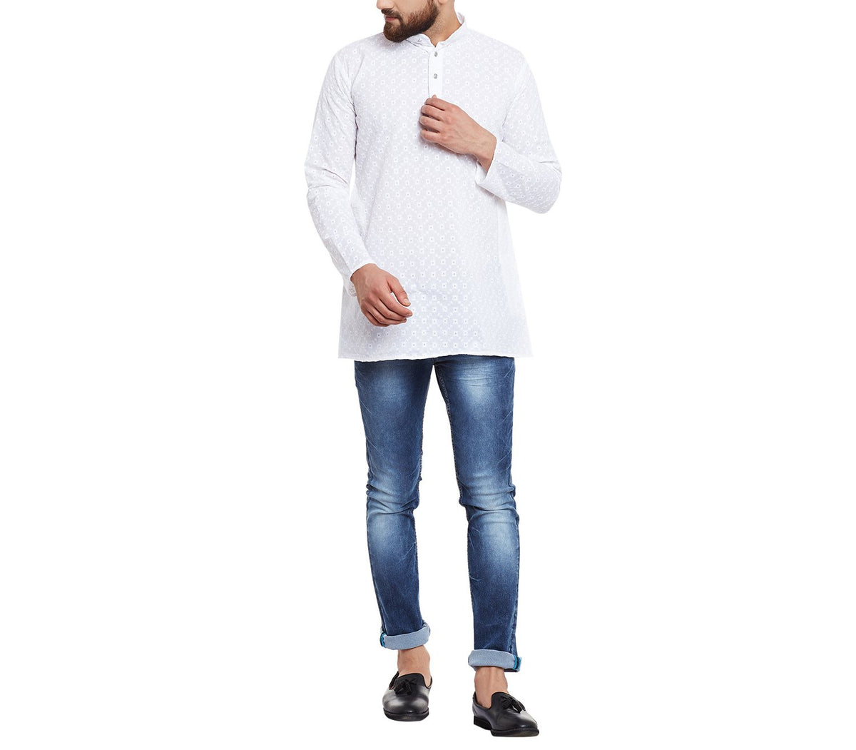 Sojanya (Since 1958, Short Kurta Men's Tunic Henley Shirts Chikankari Cotton Large White