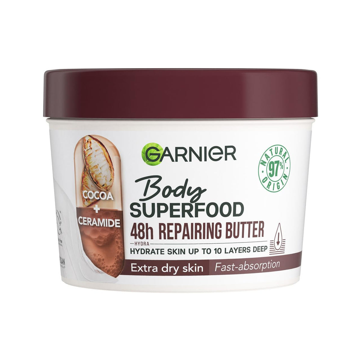 Garnier Repairing Body Care for Dry Skin, Body Butter with Cocoa Butter and Ceramides, for up to 48 Hours of Moisture, Body Superfood, 1 x 380 ml