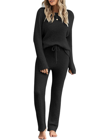 luvamia Women's Casual Solid Color Pajama Sets Long Sleeve Tops And Pants Long Pj Sets Joggers Loungewear Sleepwear Nightwear Cozy Pajamas Black 2 Piece Outfit 2 Piece Set For Women Black X-Large