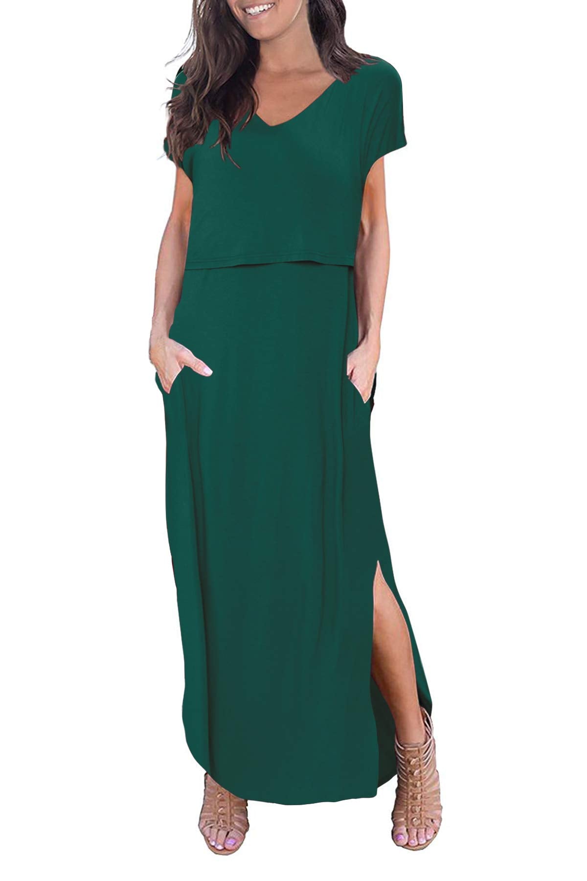 Smallshow Women's Maternity Nursing Dress Split Long Breastfeeding Clothes Deep Green L