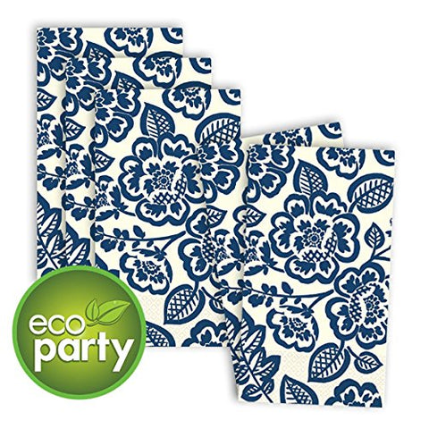 Amscan British Floral Disposable 2 Ply Eco Paper Guest Towels Tableware (16 Piece), 8" x 4.5", Dark Blue