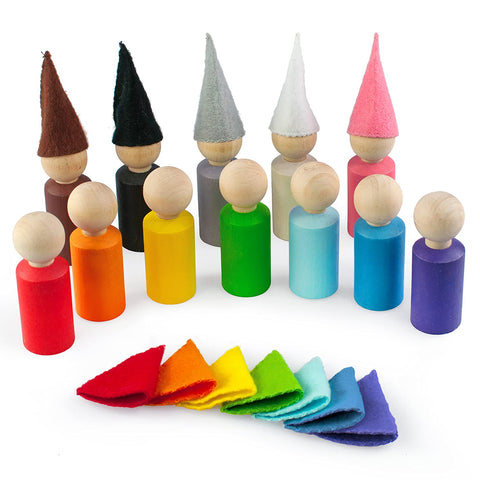Ulanik Small Peg Dolls with Hats Toddlers Montessori Toys for 3+ Year Olds Baby Waldorf Dolls Wooden Games for Learning Colour Sorting and Counting - 12 Gnomes