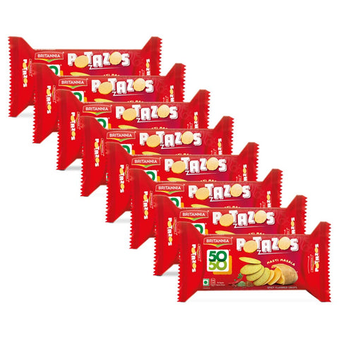 Britannia 50 50 Potazos Masti Masala Spicy Flavored Crisps 3.52oz (100g) - Delicious, Light & Crispy Grocery Cookies (Pack of 8)