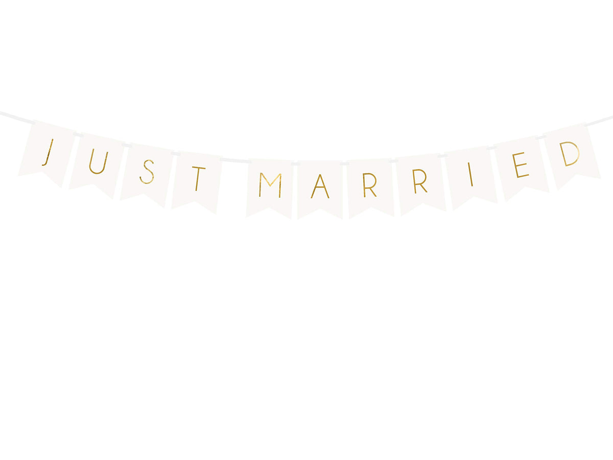 PartyDeco Garland Bunting Banner "Just Married" White and Gold - DIY Wedding Backdrop Decoration, 15 x 155 cm, Ideal for Wall Hanging and Party Decor