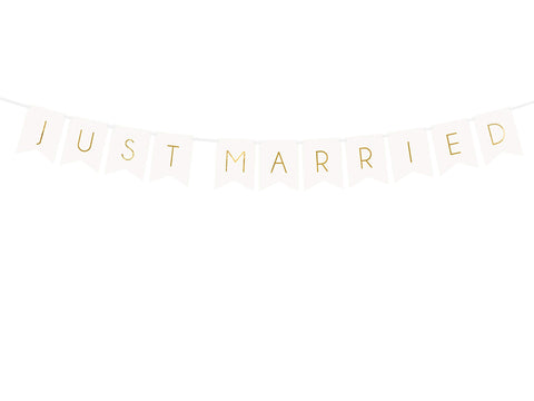 PartyDeco Garland Bunting Banner "Just Married" White and Gold - DIY Wedding Backdrop Decoration, 15 x 155 cm, Ideal for Wall Hanging and Party Decor