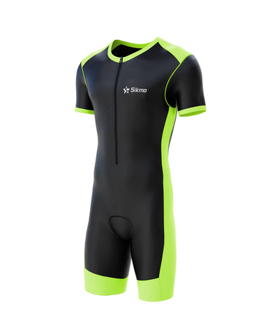 Sikma Mens Cycling Skinsuit Padded One Piece Trisuit Bike Top Short (Black/Green, Large)