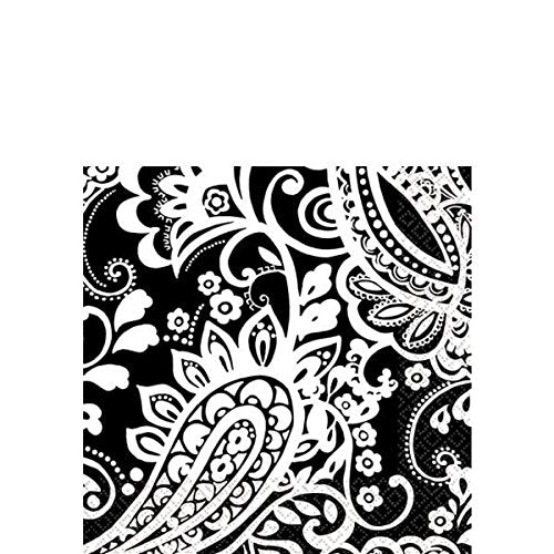 Amscan Decorative Elegant Paisley Party Beverage Paper Napkins (16 Pack), 5 x 5, Black/White