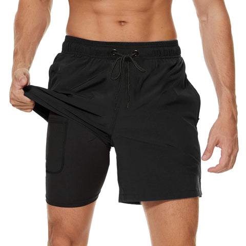 Arcweg Mens Swim Trunks with Compression Liner 2 in 1 Beach Swimming Trunks Quick Dry Swim Shorts with Zipper Pockets Black
