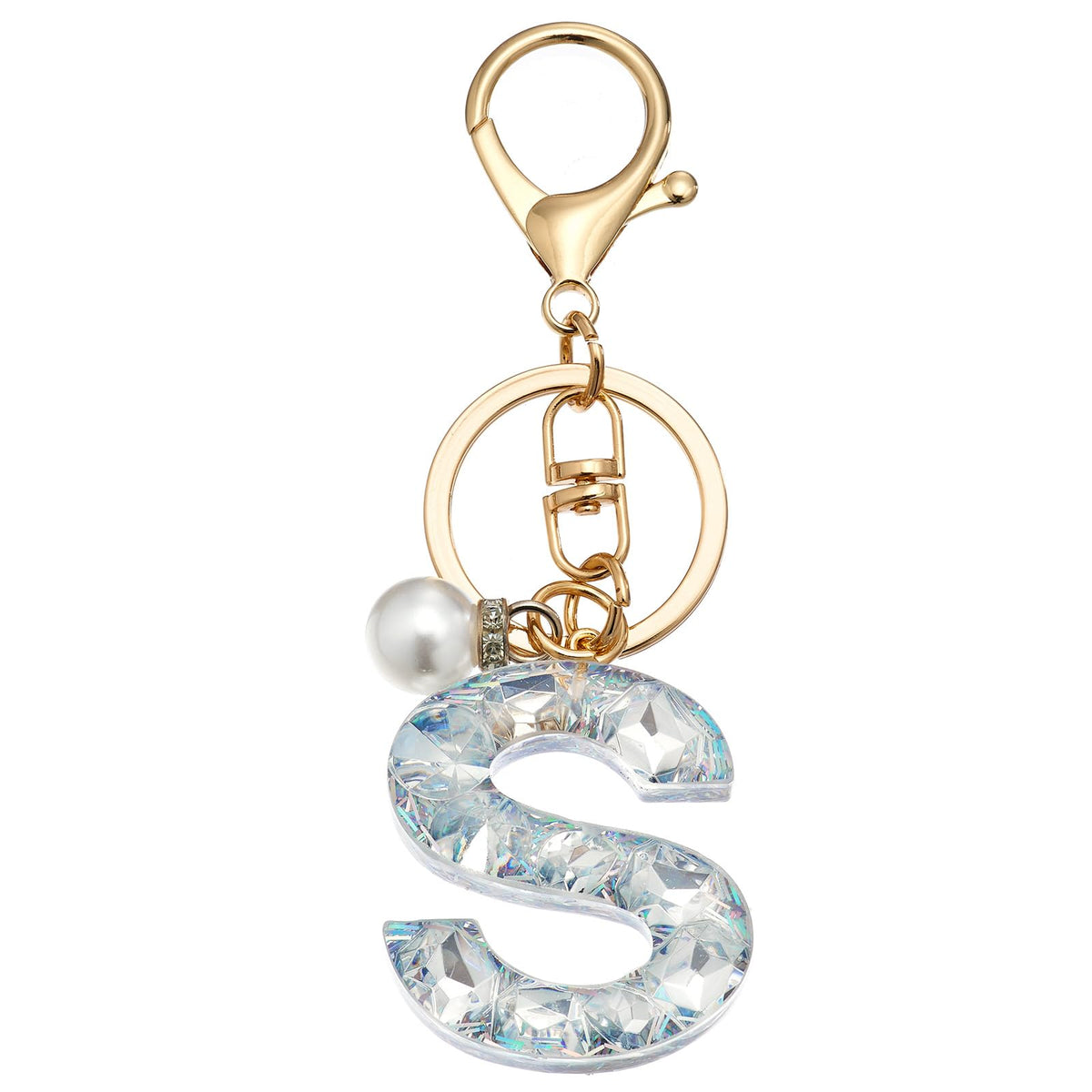 QIUTIMIY Initial Letter Keychains Crystal Resin Letter A-Z Keyring for Women Purse Handbags Charms Fashion Rhinestone Alphabet Keychain with Key Ring Pearls Pendant(3-Letter S)