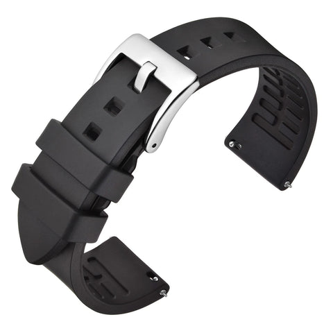 ANNEFIT Premium Silicone Watch Band, Quick Release Fluoro Rubber Strap 21mm with Silver Buckle (Black)