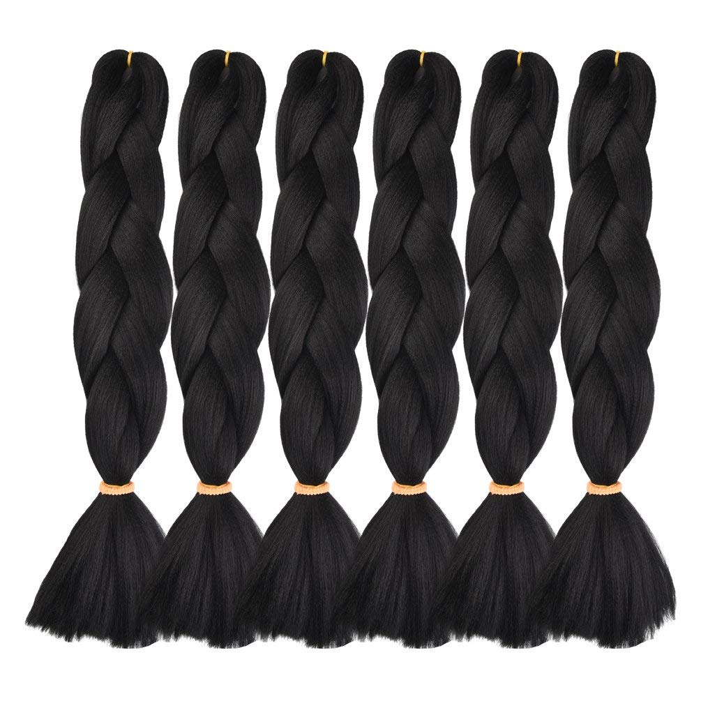 RAYIIS 6 Packs Braiding Hair Kanekalon Synthetic Braiding Hair Extensions 24 inches (6 Packs, Black 1B)