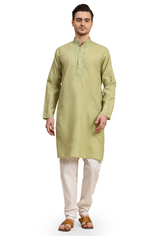 SKAVIJ Men's Cotton Blend Embroidered Kurta Pyjama Set Thread Work Woven Design Festive Ethnic Dress (KP136green_Green_L)