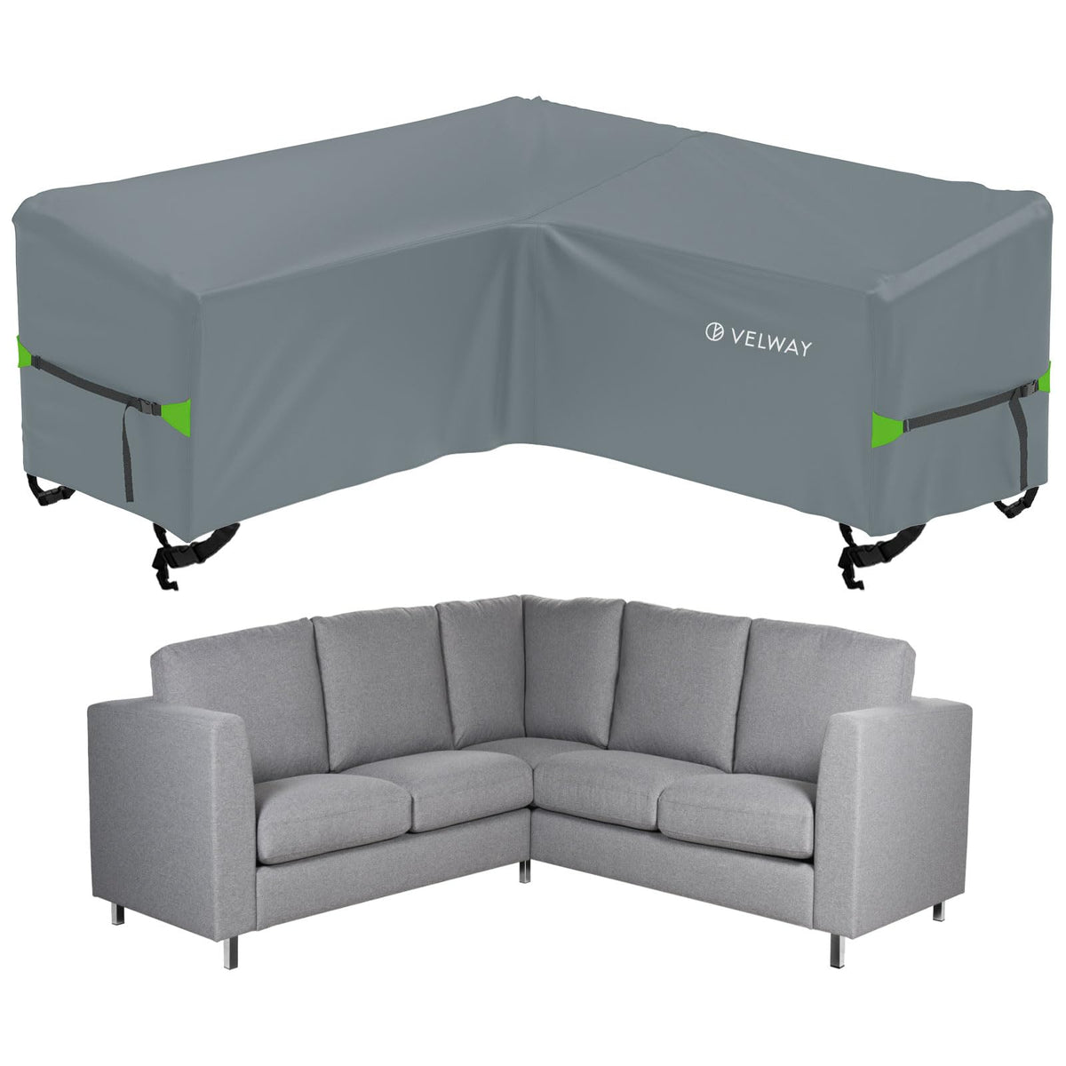 Velway V-Shape Garden Sofa Cover - Waterproof Rattan Corner Garden Furniture Covers with Windproof Straps - 420D Oxford Fabric Anti-UV Outdoor Patio L-Shape Dining Set Cover (Grey, 215x215x87cm)