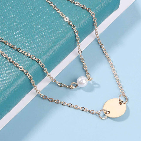 Yheakne Boho Layered Pearl Necklace Choker Gold Coin Disc Necklace Tiny Pearl Pendant Necklace Chain Vintage Layering Round Circle Necklace Jewelry for Women and Girls