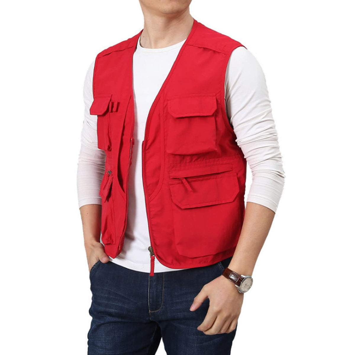 Perbai Men's Black Utility Fishing Vest Outdoor Summer Lightweight Work Photo Safari Cargo Vest(Red-M)