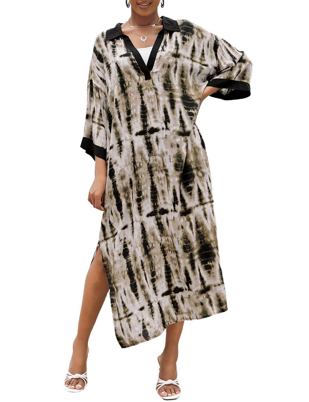 Bsubseach Kaftan Dresses for Women Long Beach Swimsuit Cover Up V Neck Caftan Loungewear Coffee Tie Dye