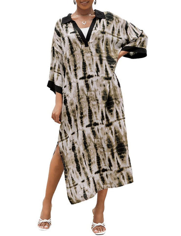 Bsubseach Kaftan Dresses for Women Long Beach Swimsuit Cover Up V Neck Caftan Loungewear Coffee Tie Dye
