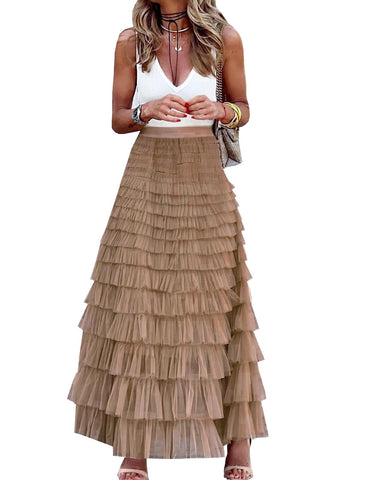 Womens Long Maxi Tulle Skirt A Line Ruffle Mesh High Waisted Tiered Layered Skirts Petticoat(Camel-M)