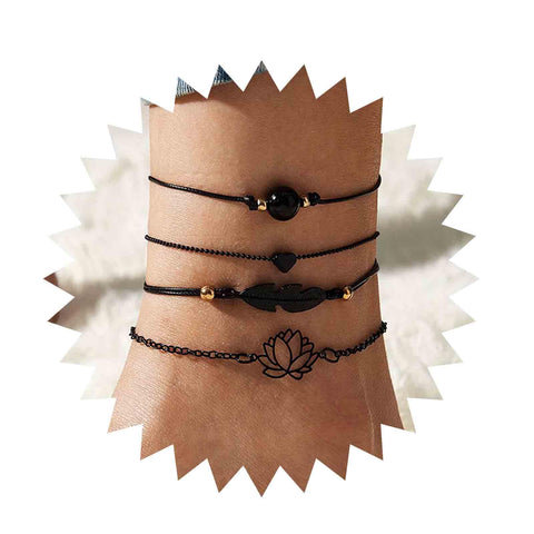 Inateannal 4Pcs Anklet Bracelet for Women Black Leaf Bead Braided Cord Anklet Dainty Hollow Lotus Heart Ankle Chain Summer Beach Foot Jewelry for Teen Girls