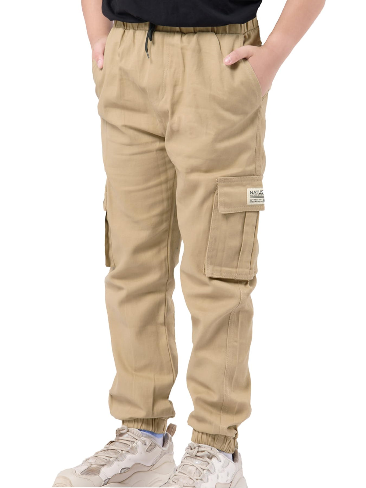 NATUST Boys Cargo Joggers Drawstring Jogging Pants Boys' Elastic Waist Trousers Kids Cotton Twill Pants Khaki 13-14 Years/Size 170