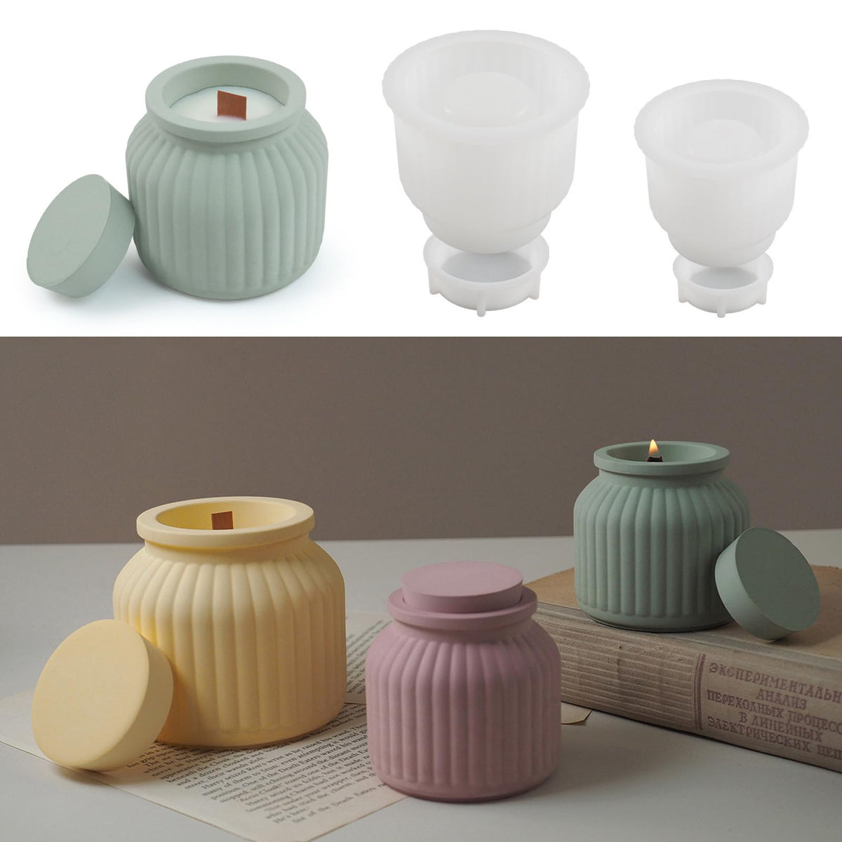 2 Sizes Candle Jar Molds, Silicone Concrete Molds for Candle Holder with Lids, Candles Resin Mould Epoxy Resin Casting Molds DIY for Candle Making Supplies Scented Candles (Style B)