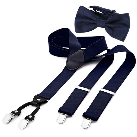 DonDon Menâ€™s 1,38" wide Y style elastic and adjustable braces suspenders as a 2-piece set with matching colour bowtie 4.72 x 2.36 - Night blue