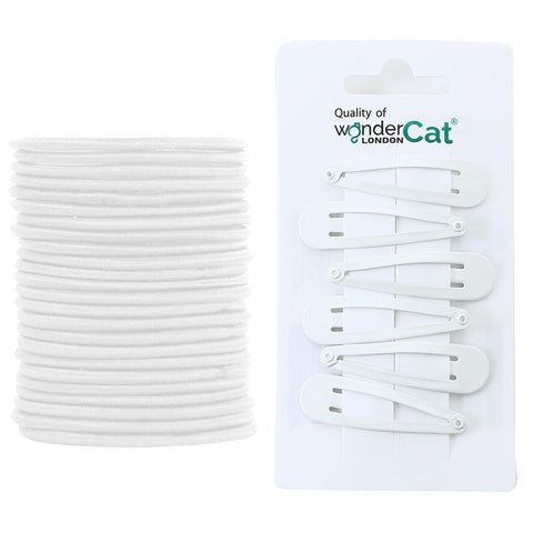 SET of 18 PCS School Elastics + Clips (12 PCS Hair Elastics bands +6 PCS Hair Snap Clips) 12 PCS 3mm Elastic Hair Ties Ponytail Holders Elastics for Women Girls Kids+ 6 pcs 5cm clips (White)