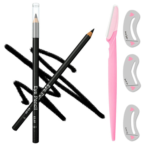 Generic Wooden Eyeliner Pencil, Waterproof Long Lasting Makeup Eye Liner, Easy Application, [5-in-1]Eyeliner *1; Eyebrow Razor *1; Eyebrow Stencil *3, Black #-0226082