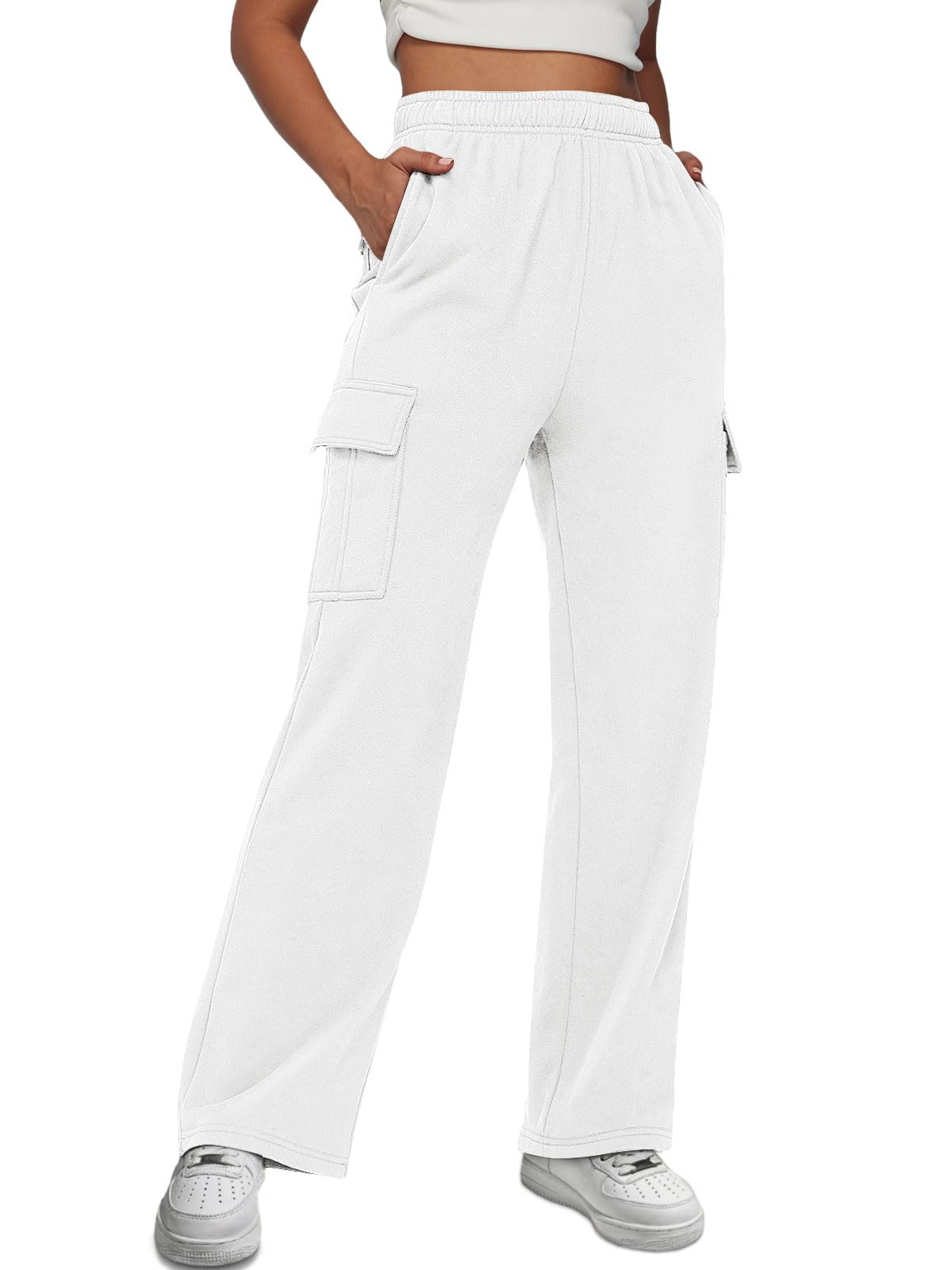 AUTOMET Womens Fleece Cargo Sweatpants Y2K Baggy Fleece Elastic Parachute Pants Loose Fit Gym Lounge Trousers with Pockets White XL