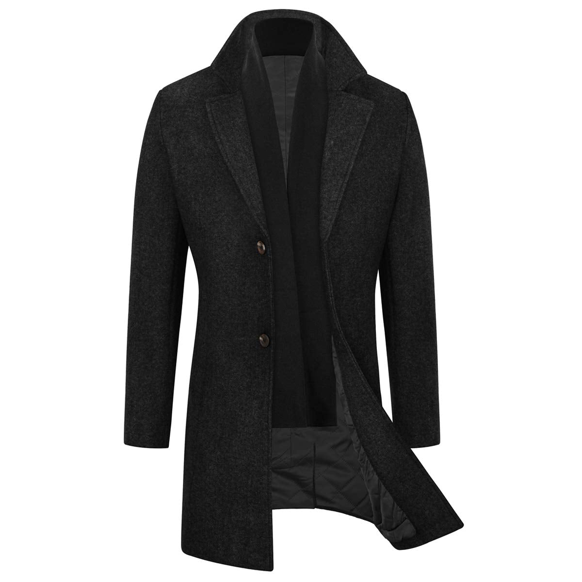 WULFUL Men Wool Trench Coat Slim Fit Winter Coat, Black, L