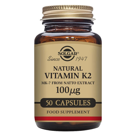 Solgar Vitamin K2 MK7 100mcg Vegetable Capsules Supports Bone Health Natural Whole Food Source from Natto Extract NonGMO Gluten Free Servings, Original, 50 Count