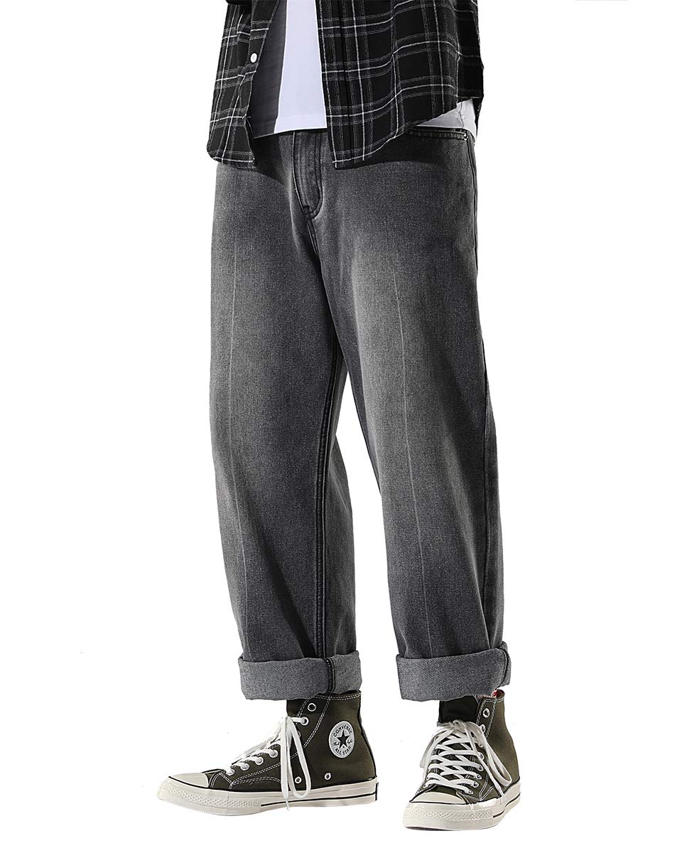DOSLAVIDA Men's Work Jeans Casual Hip Hop Cargo Solid Color Loose Fit Straight Wide Leg Cotton Denim Pants with Zipper