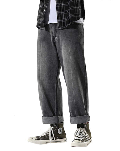 DOSLAVIDA Men's Work Jeans Casual Hip Hop Cargo Solid Color Loose Fit Straight Wide Leg Cotton Denim Pants with Zipper