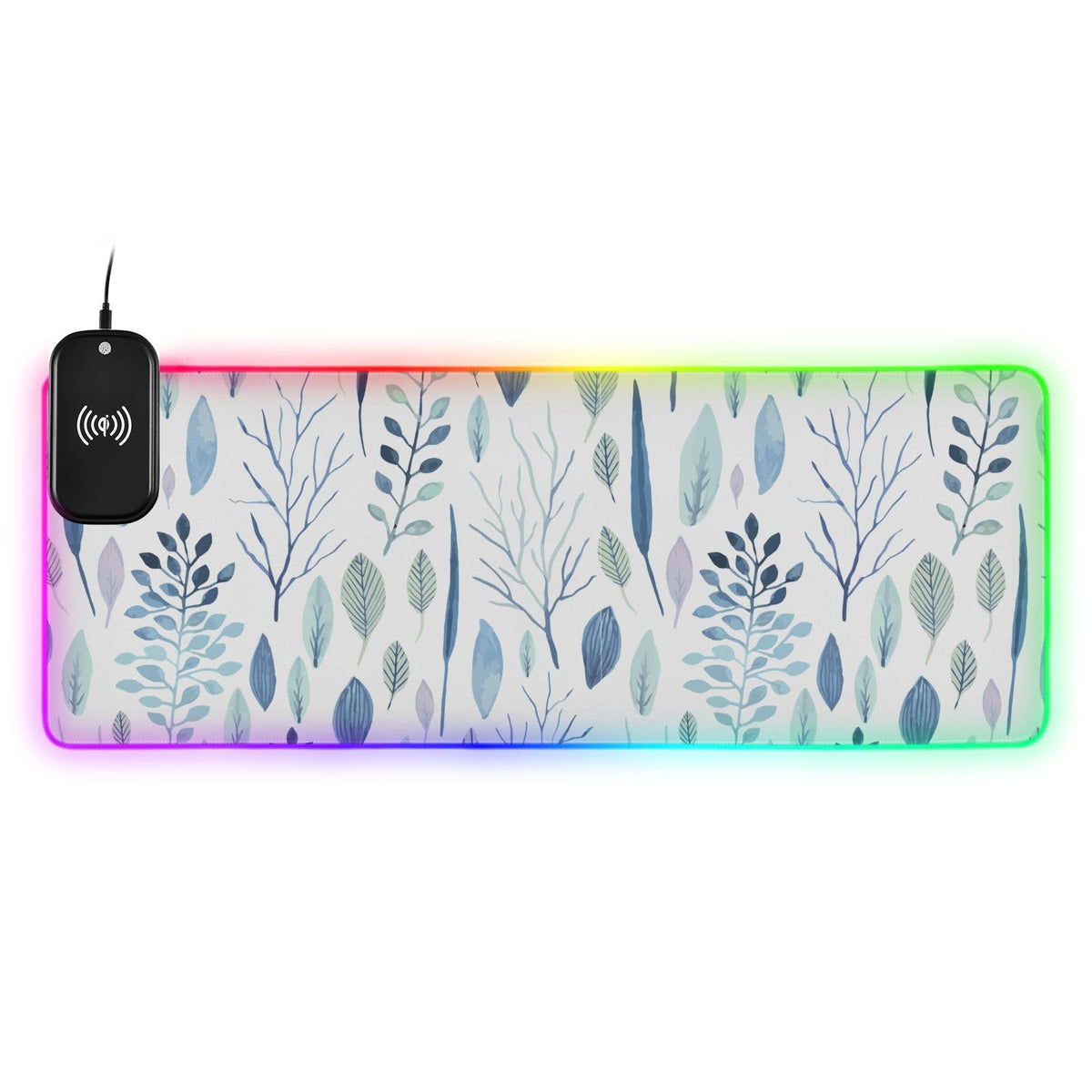 Flowers Leaves Wireless Charging Mouse Pad for Mobile Phone Extra Large Gaming Mousepad with 13 Lighting Modes Extended Desk Mat for Office Home Gaming MacBook PC Laptop Desk