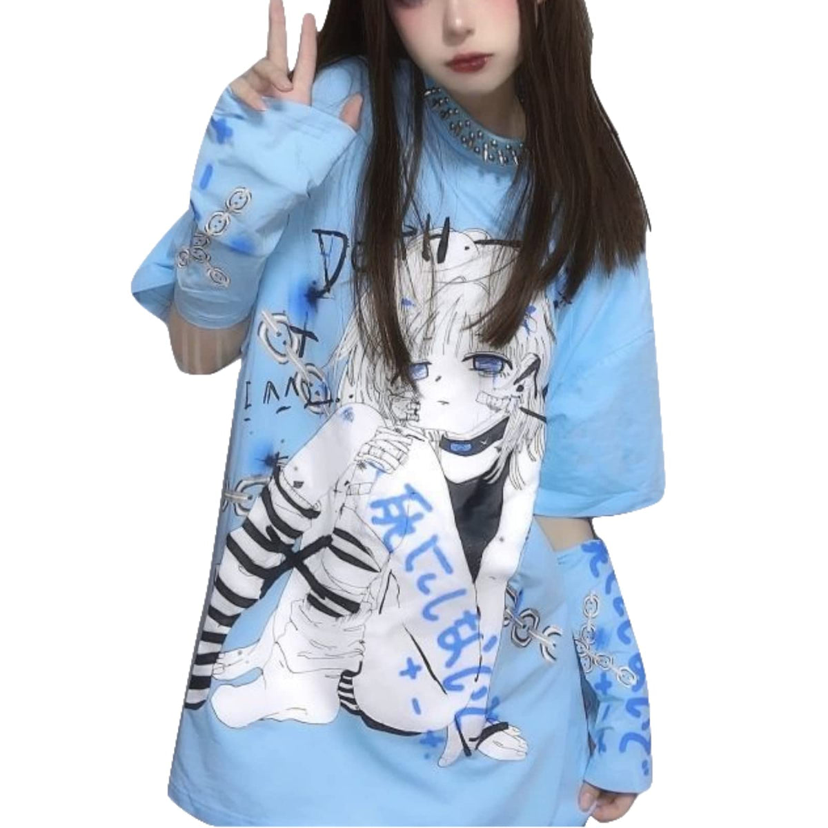 Women Y2K T Shirt Anime with Oversleeve Harajuku Kawaii Japanese E-girl Aesthetic Alt Top Goth Dark Academia 90s Cute (Blue,S,Small)