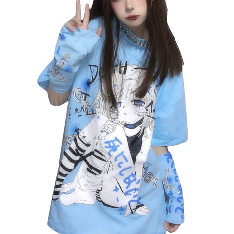 Women Y2K T Shirt Anime with Oversleeve Harajuku Kawaii Japanese E-girl Aesthetic Alt Top Goth Dark Academia 90s Cute (Blue,M,Medium)