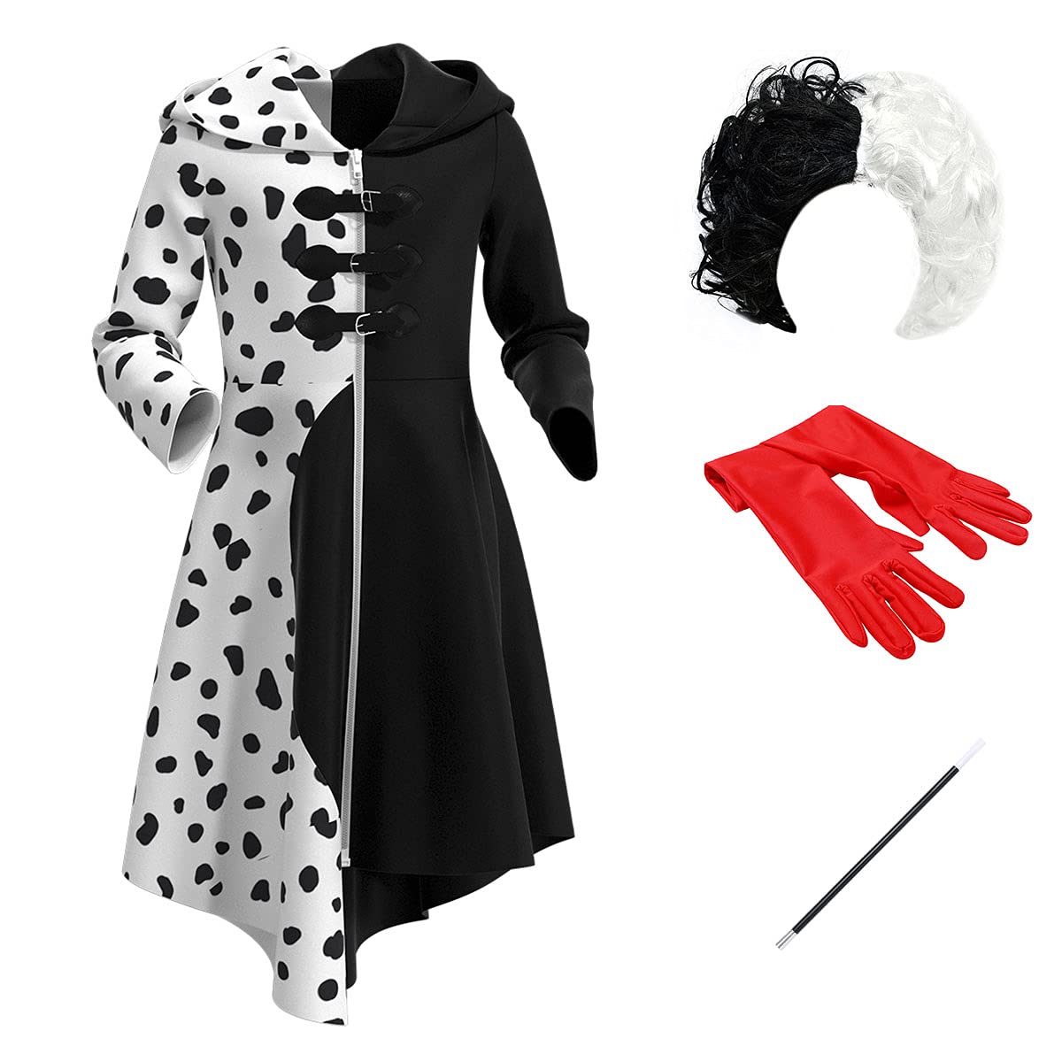 Girl Cruella Deville Costume Kids Dalmatian Dog Halloween Cosplay Black White Spotted Hoodie Coat Gloves Wig Holder 4pcs Set Carnival Party Movie Character Fancy Dress Up 9-10 Years