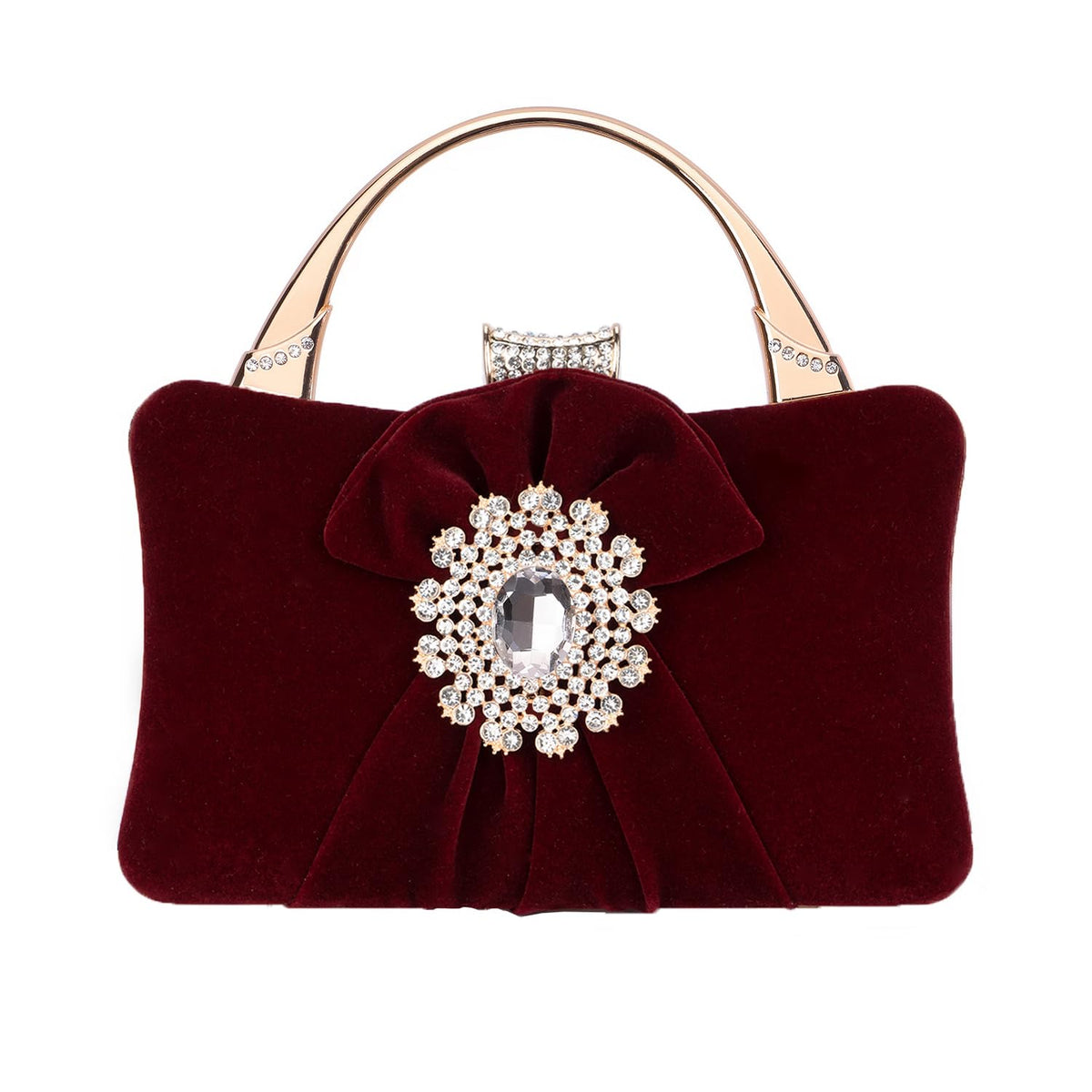 Mulian LilY Burgundy Velvet Evening Bags For Women With Flower Closure Rhinestone Crystal Embellished Clutch Purse For Party Wedding M762