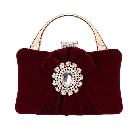 Mulian LilY Burgundy Velvet Evening Bags For Women With Flower Closure Rhinestone Crystal Embellished Clutch Purse For Party Wedding M762