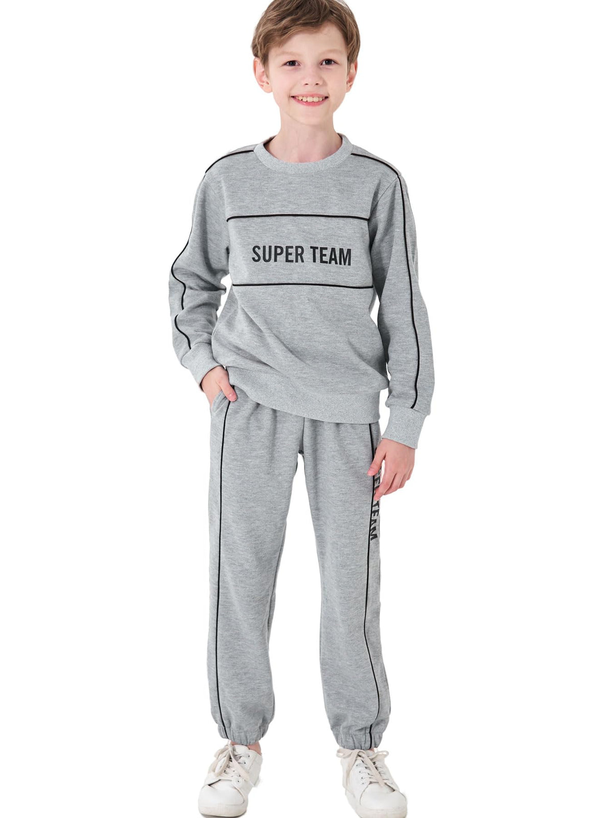 NATUST Boys Hoodie and Sweatpants 2 Piece Tracksuit Set Kids Active Long Sleeve Joggers Sets Grey 6-7 Years
