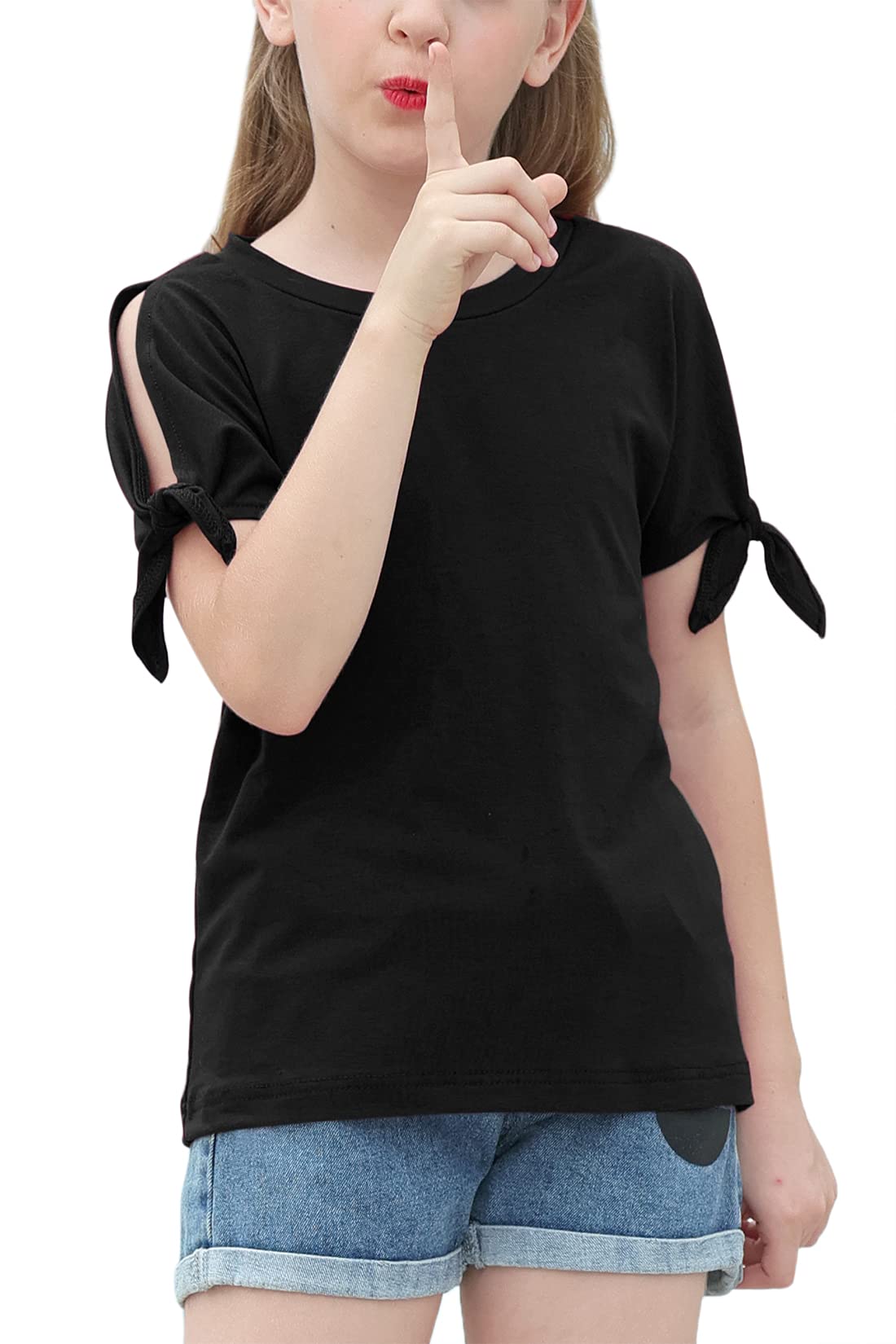 GORLYA Girl's Cut Slit Sleeve Tie Knot Cuff Stripe Tunic T-Shirt Casual Pullover Top for 4-14T Kids, Black, 8 Years