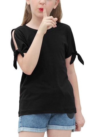 GORLYA Girl's Cut Slit Sleeve Tie Knot Cuff Stripe Tunic T-Shirt Casual Pullover Top for 4-14T Kids, Black, 12 Years