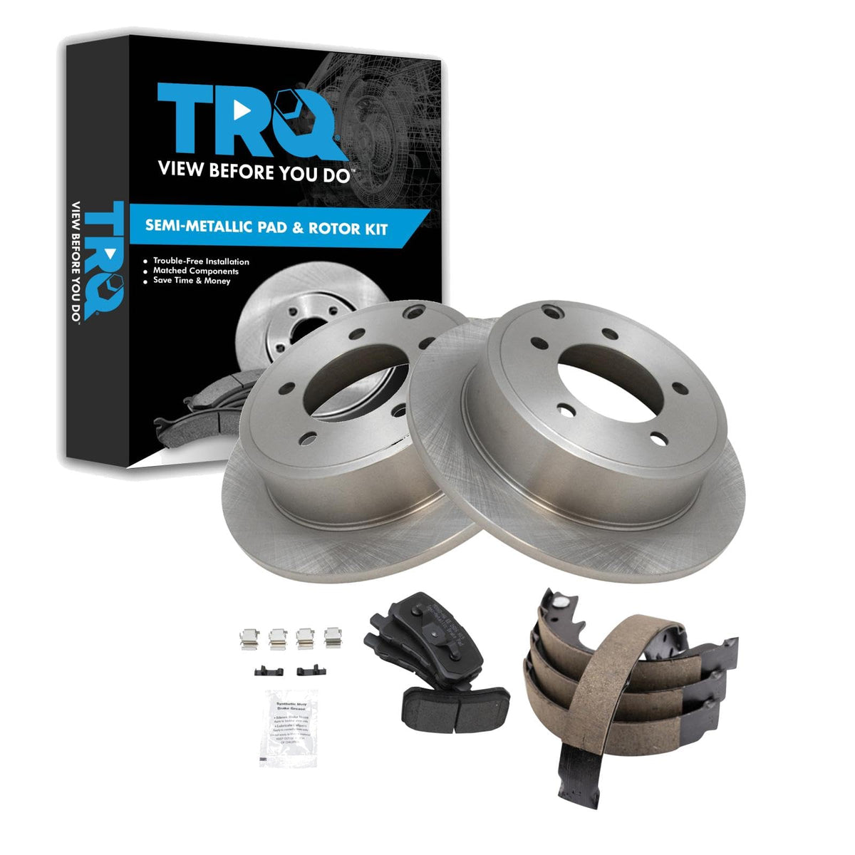TRQ Rear Brake Pad & Rotor Kit Brake Pads Brake Rotor Parking Brake Shoe Set Semi-Metallic Compatible with 2009-2014 Mitsubishi Lancer