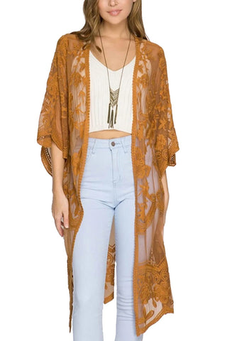 YouKD Women's Lace Cardigan See Through Dress Boho Long Kimono Beach Swimsuit Cover Up Dresses Yellow