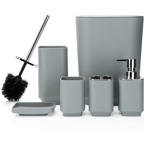 JOTOM 6 Pieces Bathroom Accessory Set Luxury Plastic Bathroom Accessories Set Trash Can Toilet Brush Set Toothbrush Holder Tumbler Soap Dish Soap Dispenser Bath Set Gift (Grey)