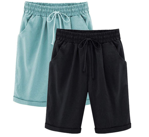 Yknktstc Womens Casual Elastic Waist Knee Length Curling Bermuda Shorts with Drawstring with Drawstring US 12 2 Pack Black/Aqua