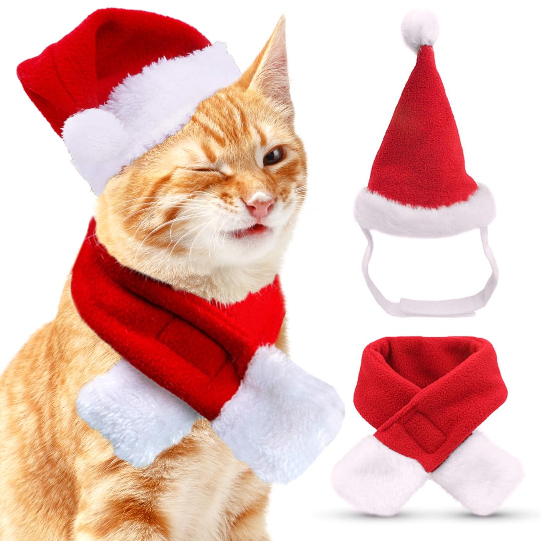 Christmas Dog Cat Costume, Christmas Hat and Scarf Costumes Set, Pet Clothes Christmas Outfit for Cats and Small Dog