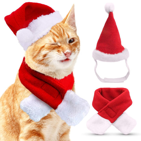 Christmas Dog Cat Costume, Christmas Hat and Scarf Costumes Set, Pet Clothes Christmas Outfit for Cats and Small Dog