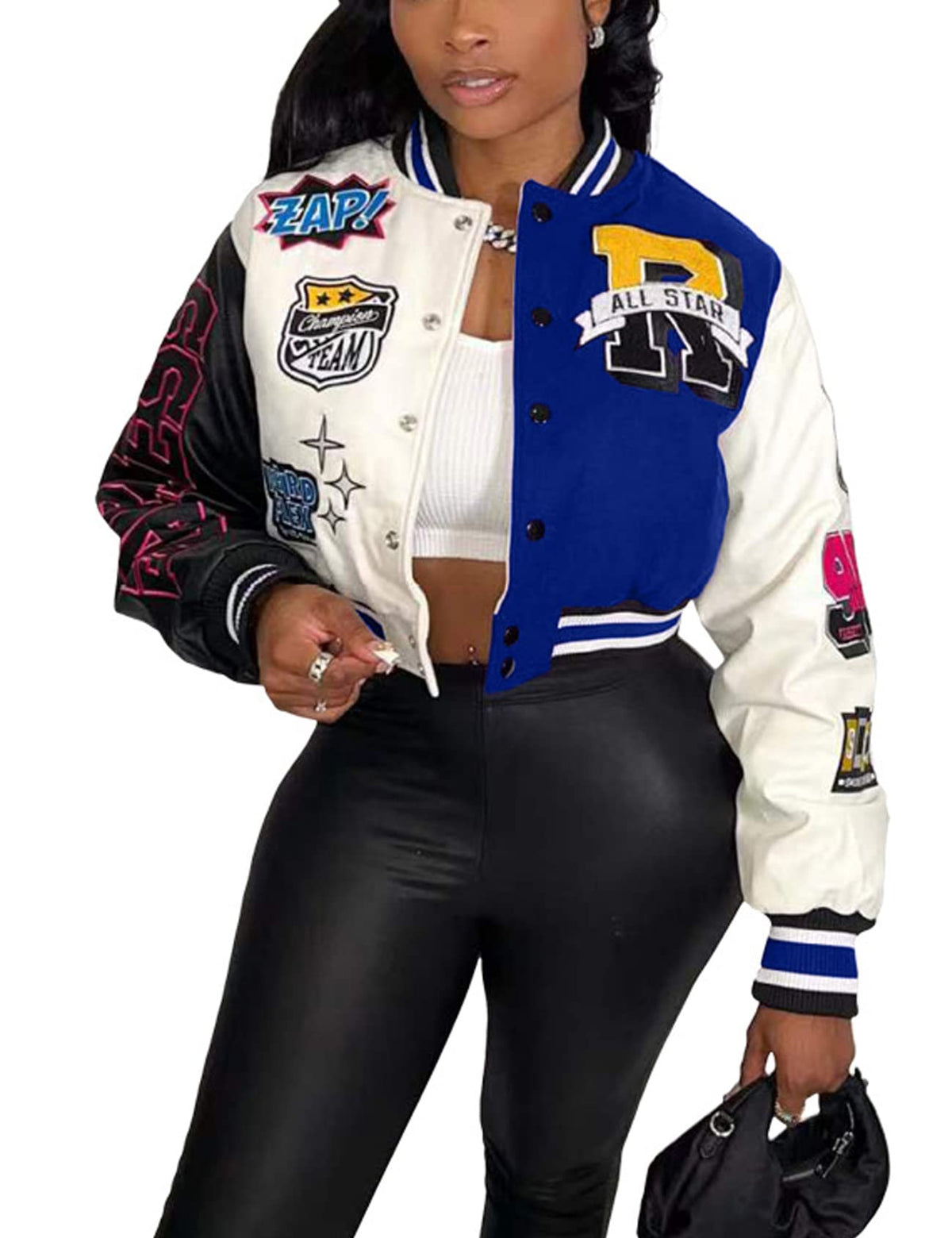 Perbai Women's Cropped Varsity Jacket Colorblock Letter Print Button Down Letterman Bomber Coat with Pockets Y2K Streetwear(03Blue-L)